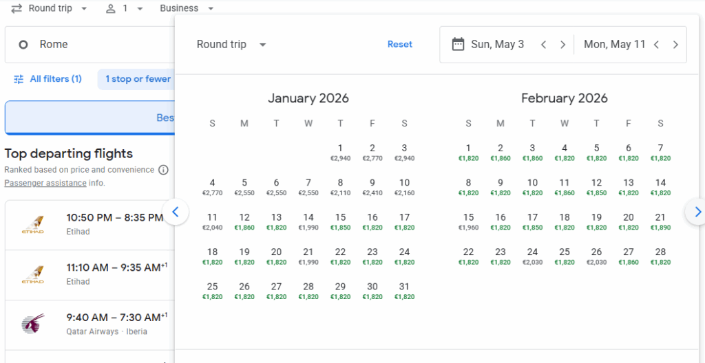 Business Class from Rome to Indonesia