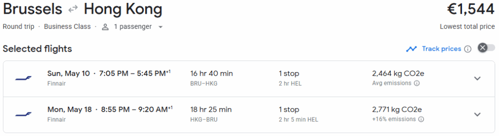 Business Class from Brussels to Hong Kong