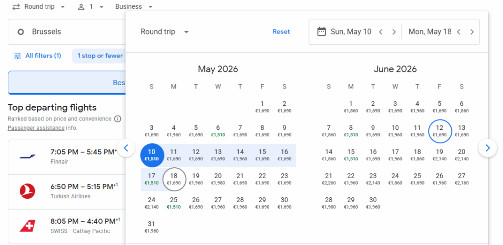 Business Class from Brussels to Hong Kong