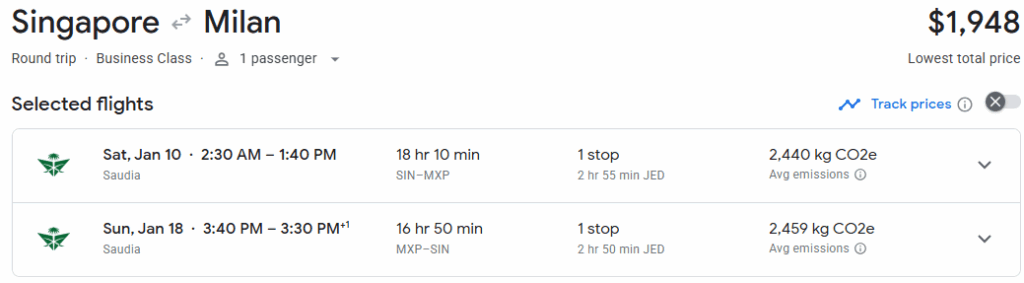 Business Class from Singapore to Milan