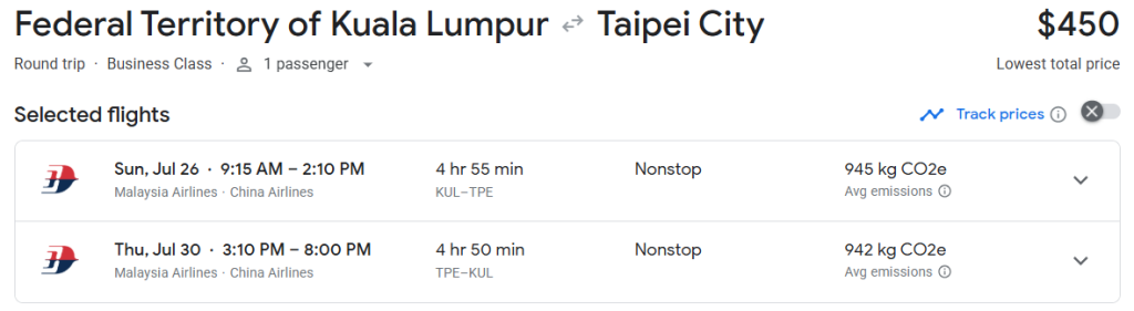 Business Class from Malaysia to Taiwan