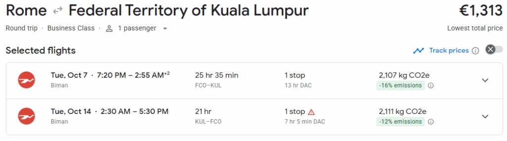 Business Class from Rome to Kuala Lumpur