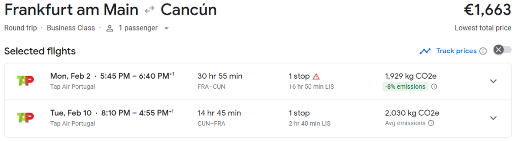 Business Class from Frankfurt to Cancún