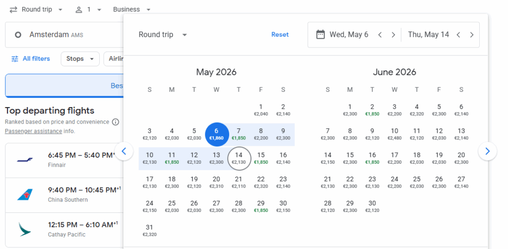 Business Class from Amsterdam to Hong Kong