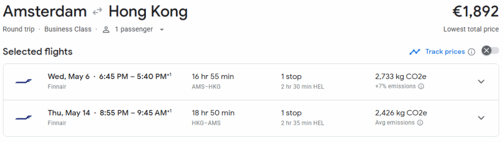 Business Class from Amsterdam to Hong Kong