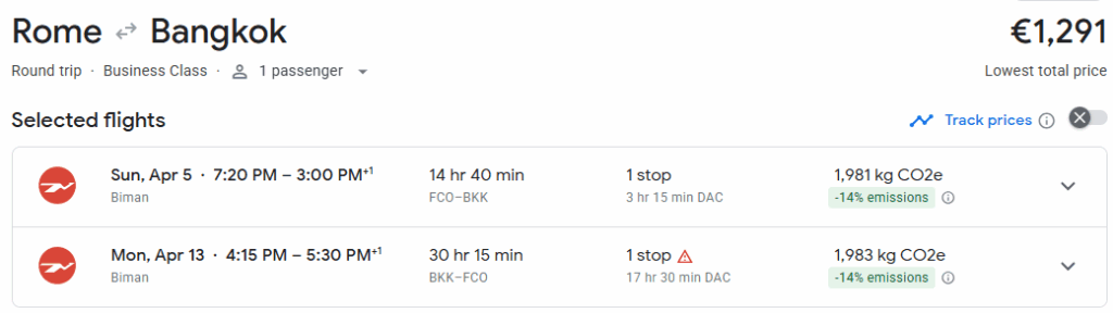 Business Class from Rome to Bangkok
