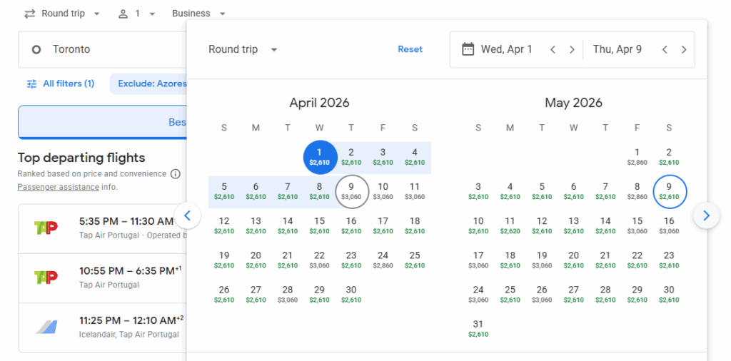 Business Class from Toronto to Madeira