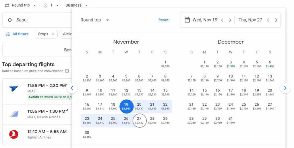 Business Class from South Korea to Turkey