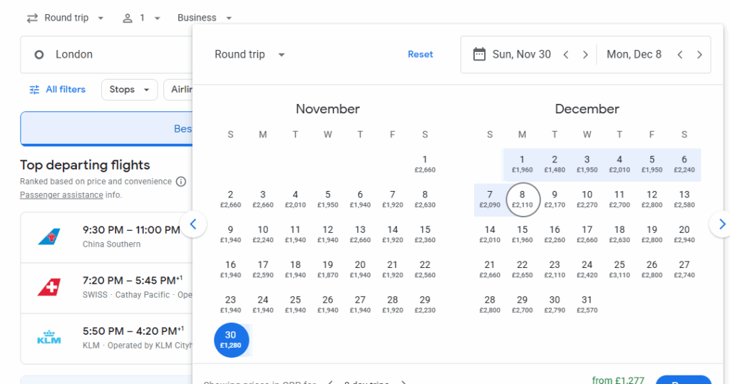 Business Class from London to Hong Kong