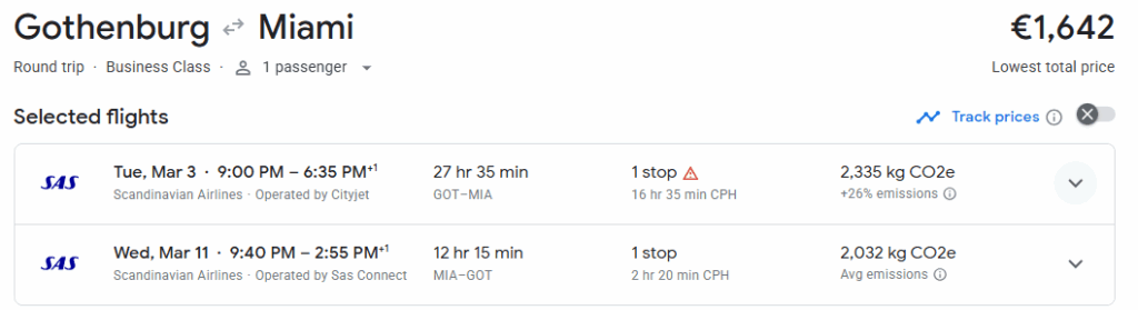 Business Class from Sweden to Miami
