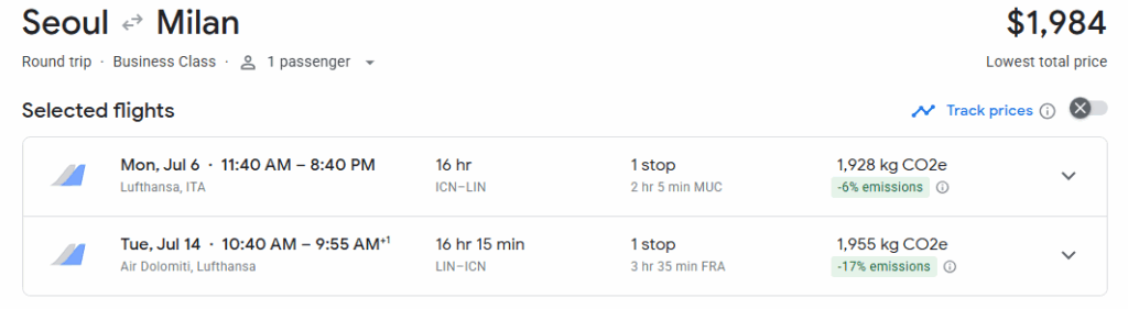 Business Class from South Korea to Milan