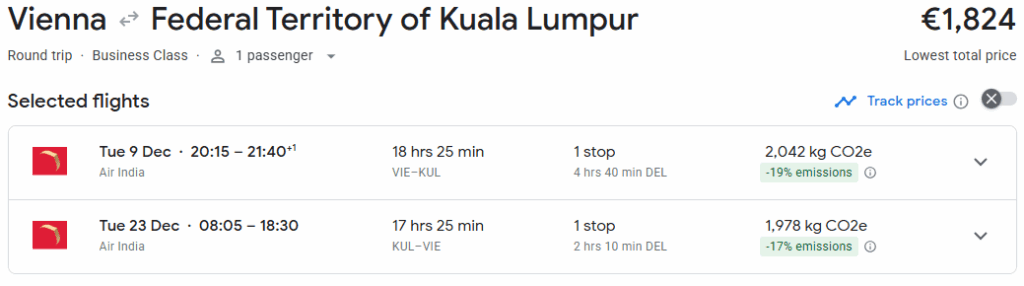Business Class from Vienna to Malaysia