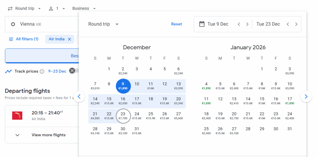 Business Class from Vienna to Malaysia