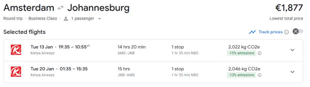 Business Class from Amsterdam to Johannesburg