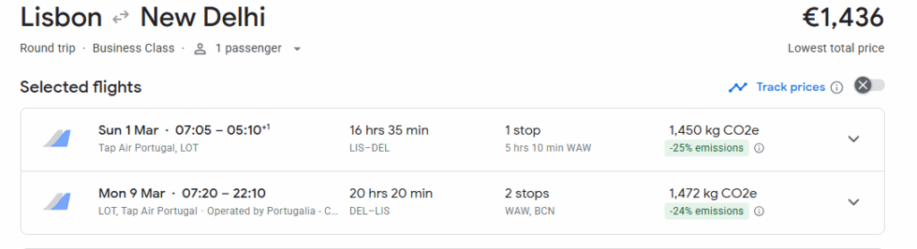 Business Class from Lisbon to New Delhi
