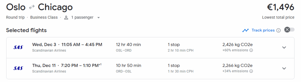 Business Class from Oslo to Chicago
