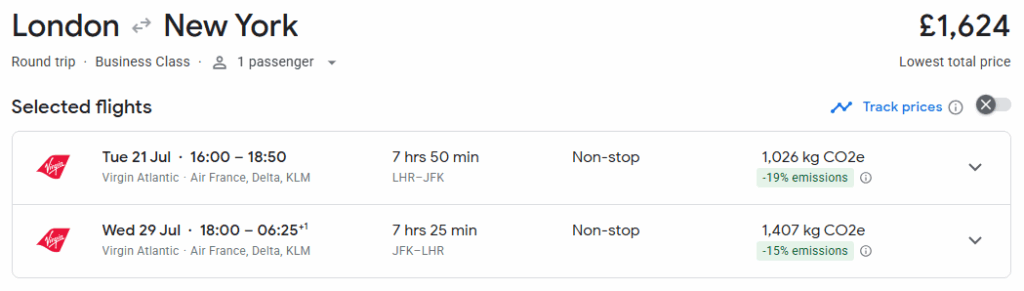 Business Class from London to New York