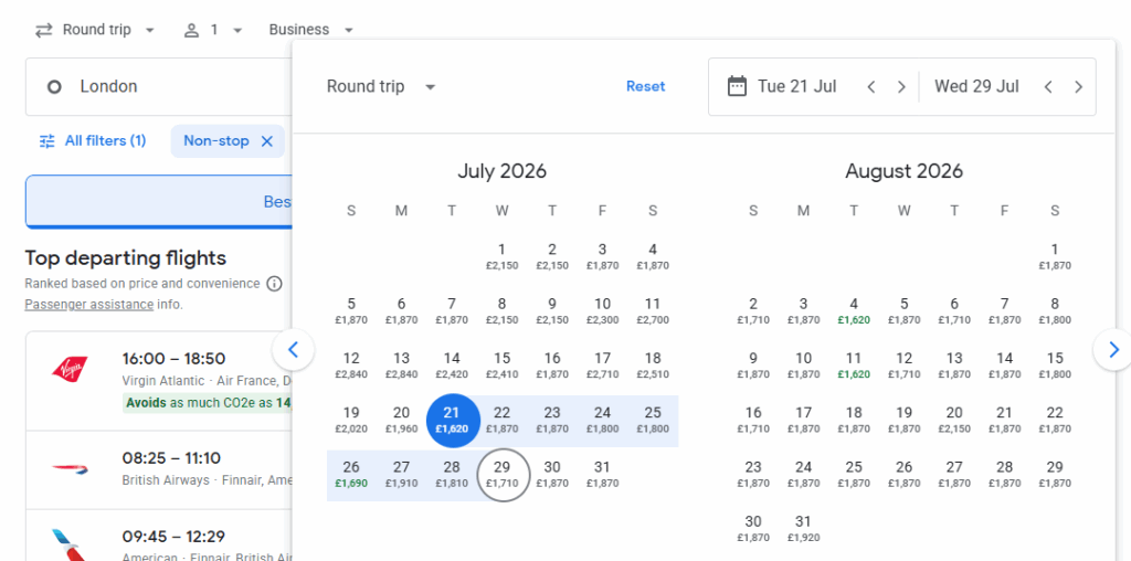 Business Class from London to New York