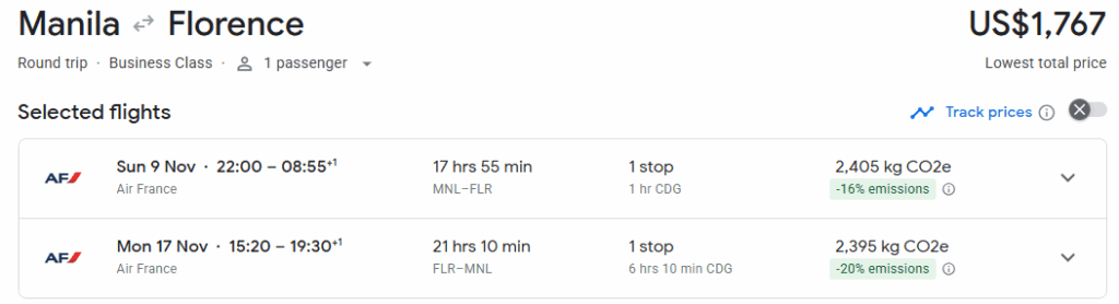 Business Class from Philippines to Florence