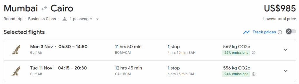 Business Class from Mumbai to Cairo