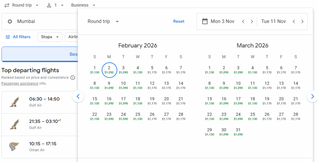 Business Class from Mumbai to Cairo