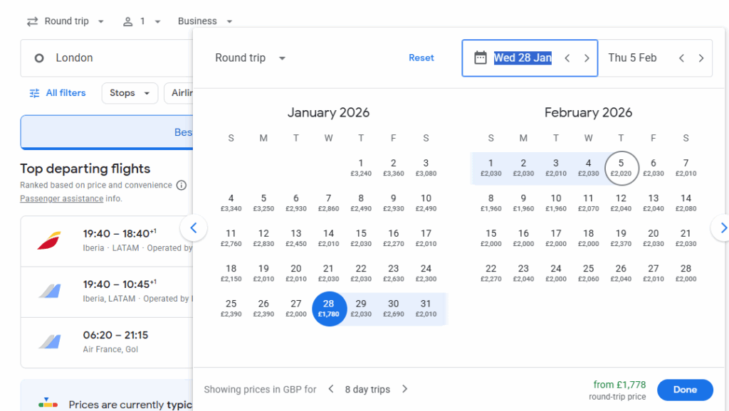 Business Class from London to Rio de Janeiro
