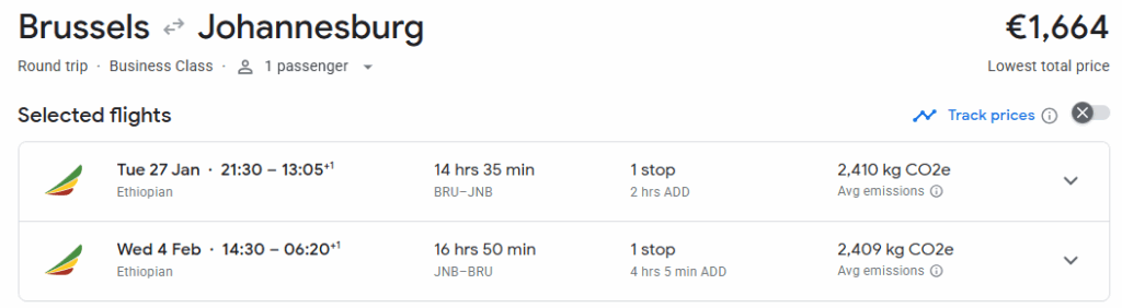 Business Class from Brussels to Johannesburg