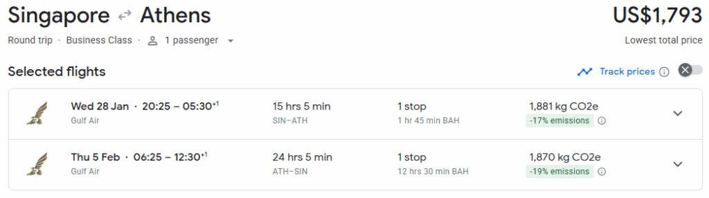 Business Class from Singapore to Athens