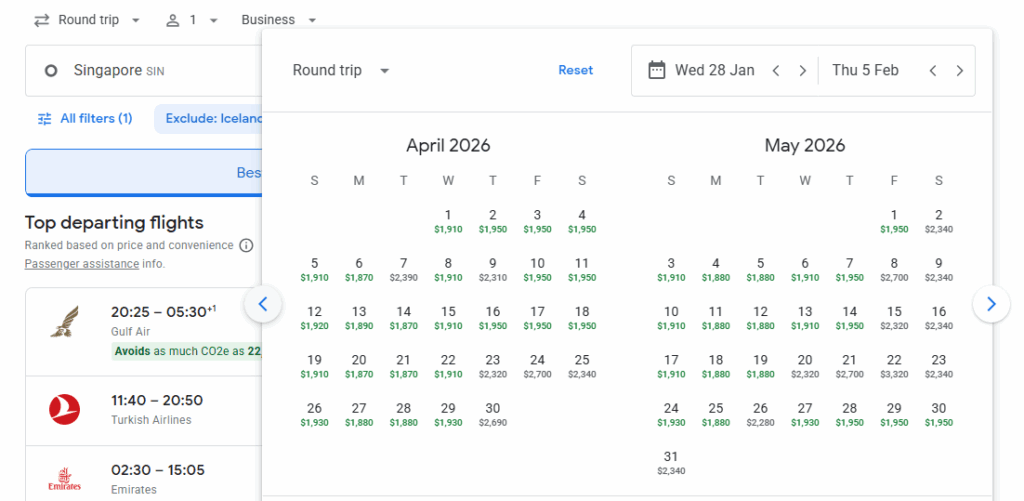 Business Class from Singapore to Athens