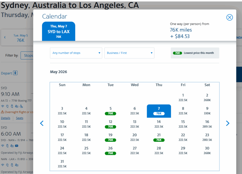 Business Class from Sydney to Los Angeles