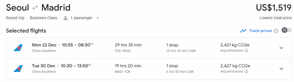 Business Class from South Korea to Madrid