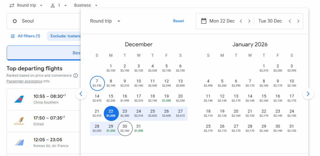 Business Class from South Korea to Madrid
