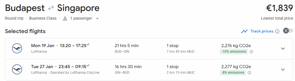 Business Class from Budapest to Singapore