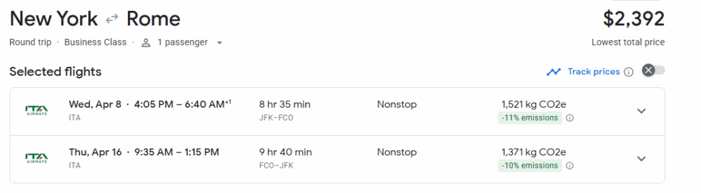 Business Class from New York to Rome