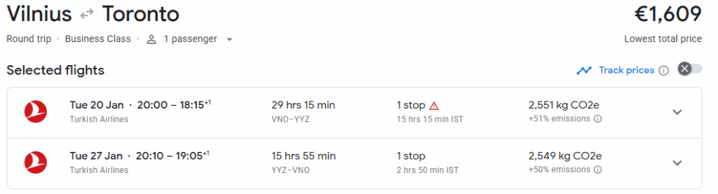 Business Class from Lithuania to Toronto