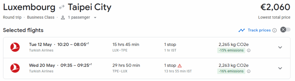Business Class from Luxembourg to Taipei