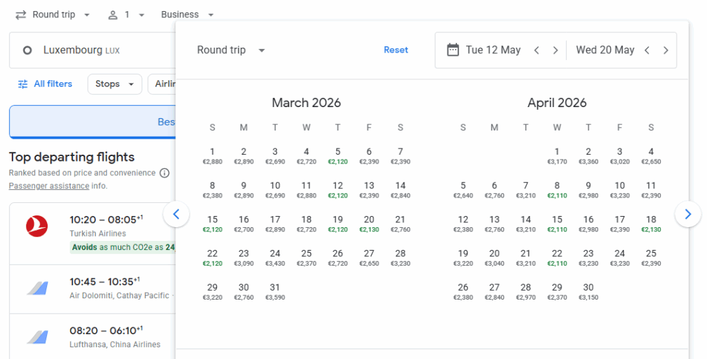 Business Class from Luxembourg to Taipei