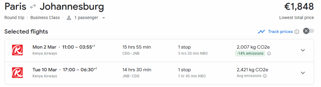 Business Class from Paris to Johannesburg