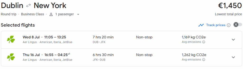 Business Class Nonstop from Dublin to New York