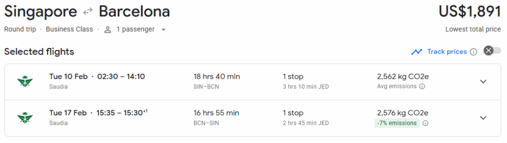 Business Class from Singapore to Barcelona