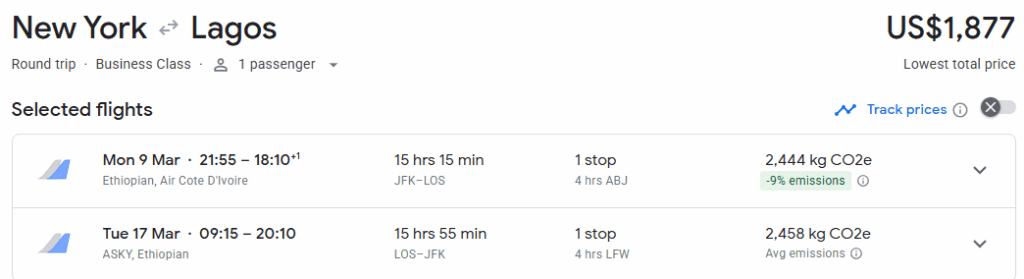 Business Class from New York to Lagos