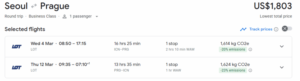 Business Class from South Korea to Prague