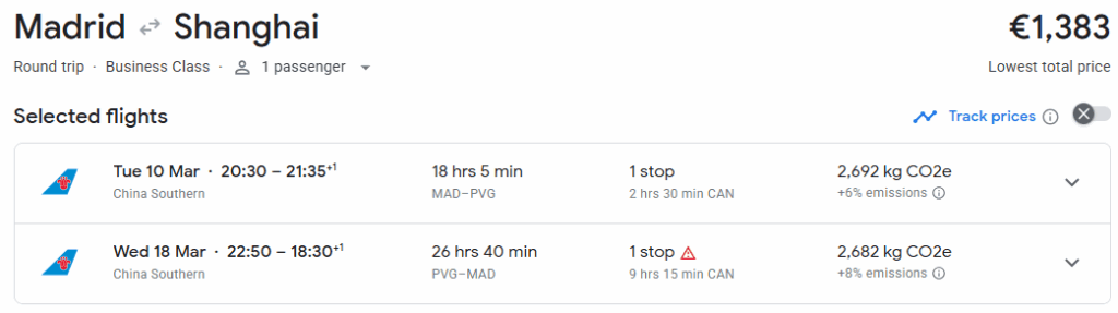 Business Class from Madrid to Shanghai