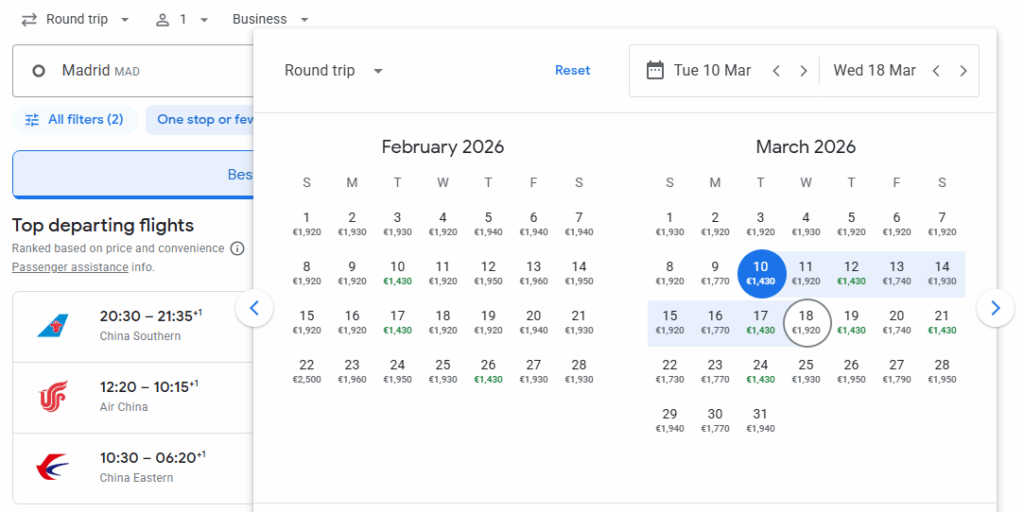 Business Class from Madrid to Shanghai