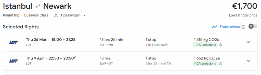 Business Class from Istanbul to New York