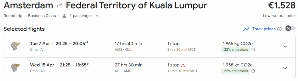 Business Class from Amsterdam to Malaysia