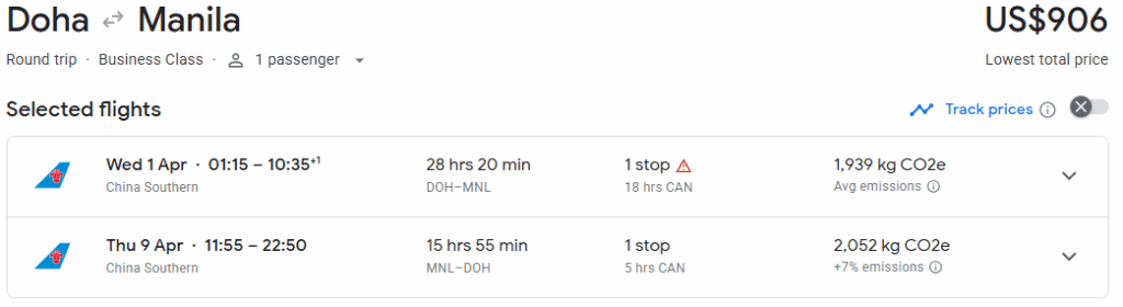 Business Class from Qatar to Philippines