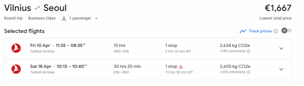 Business Class from Lithuania to South Korea