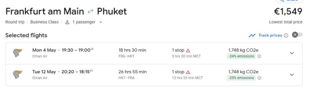 Business Class from Frankfurt to Phuket