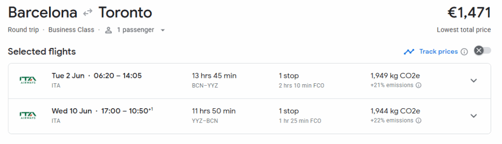 Business Class from Barcelona to Toronto